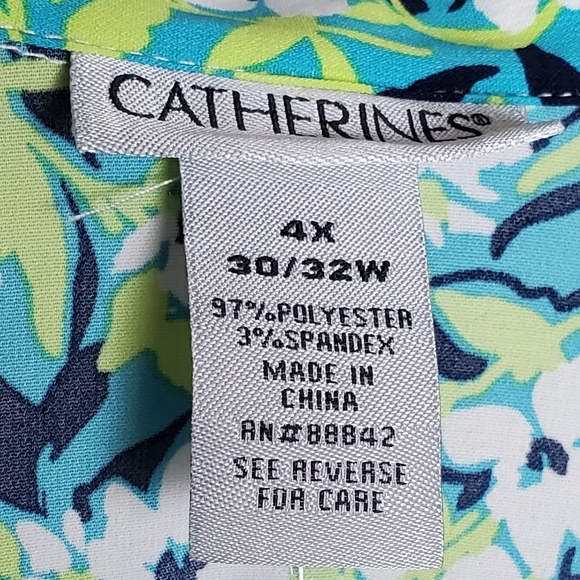 Women's Catherine's 4X 30/32W Green/Teal Floral 3/4 Sleeve Button Up Plus Tunic - Picture 4 of 11